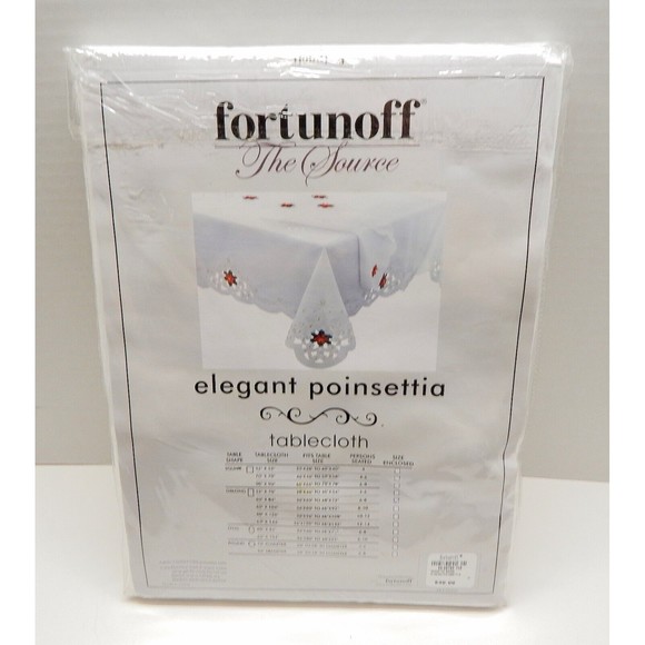 Holiday Christmas Ribbon Poinsettia White Tablecloth Cut Cloth Gold Thread NOS - Picture 3 of 8